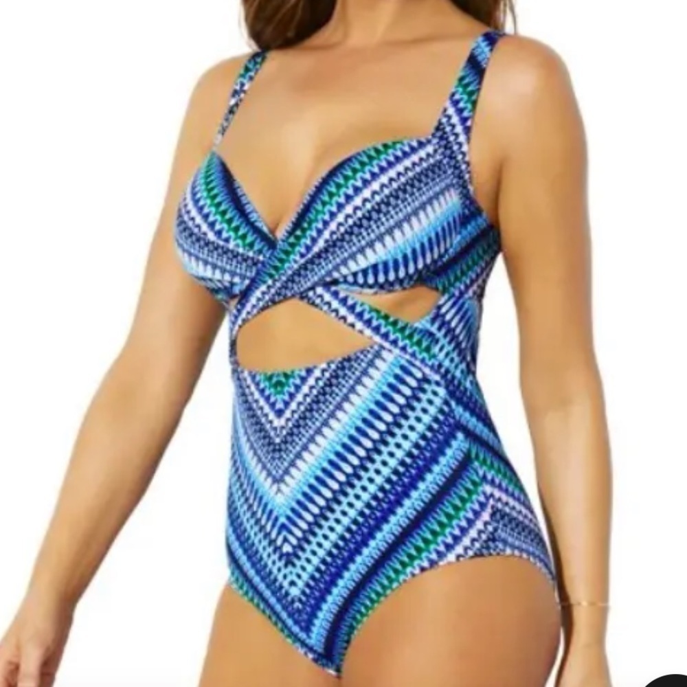 Swimsuits For All Plus Sz 26 Cut Out Underwire One Piece Blue Diagonal D Cup